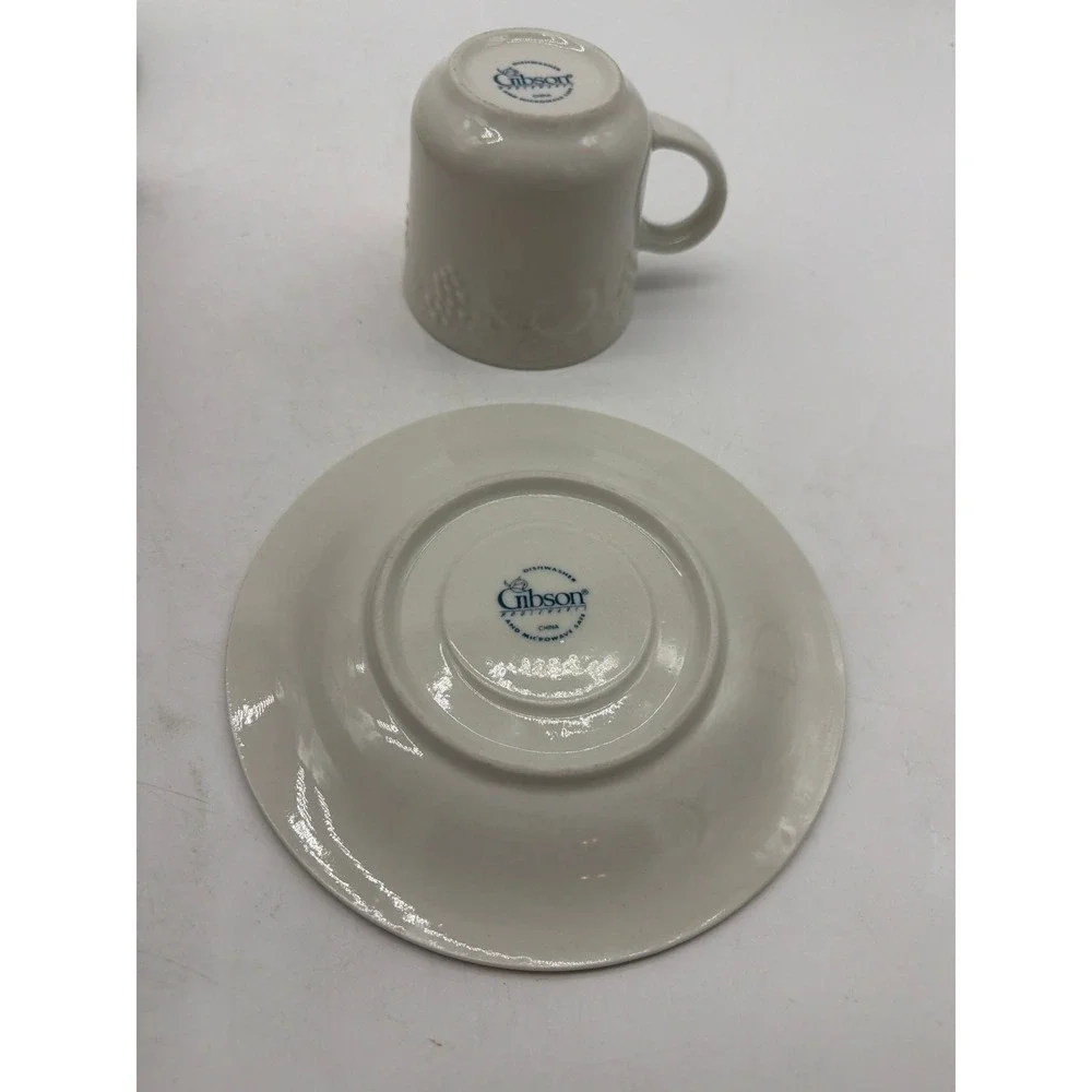 4 Gibson Housewares China Embossed‎ Raised Fruit Pattern Coffee/Tea Cup & Saucer
